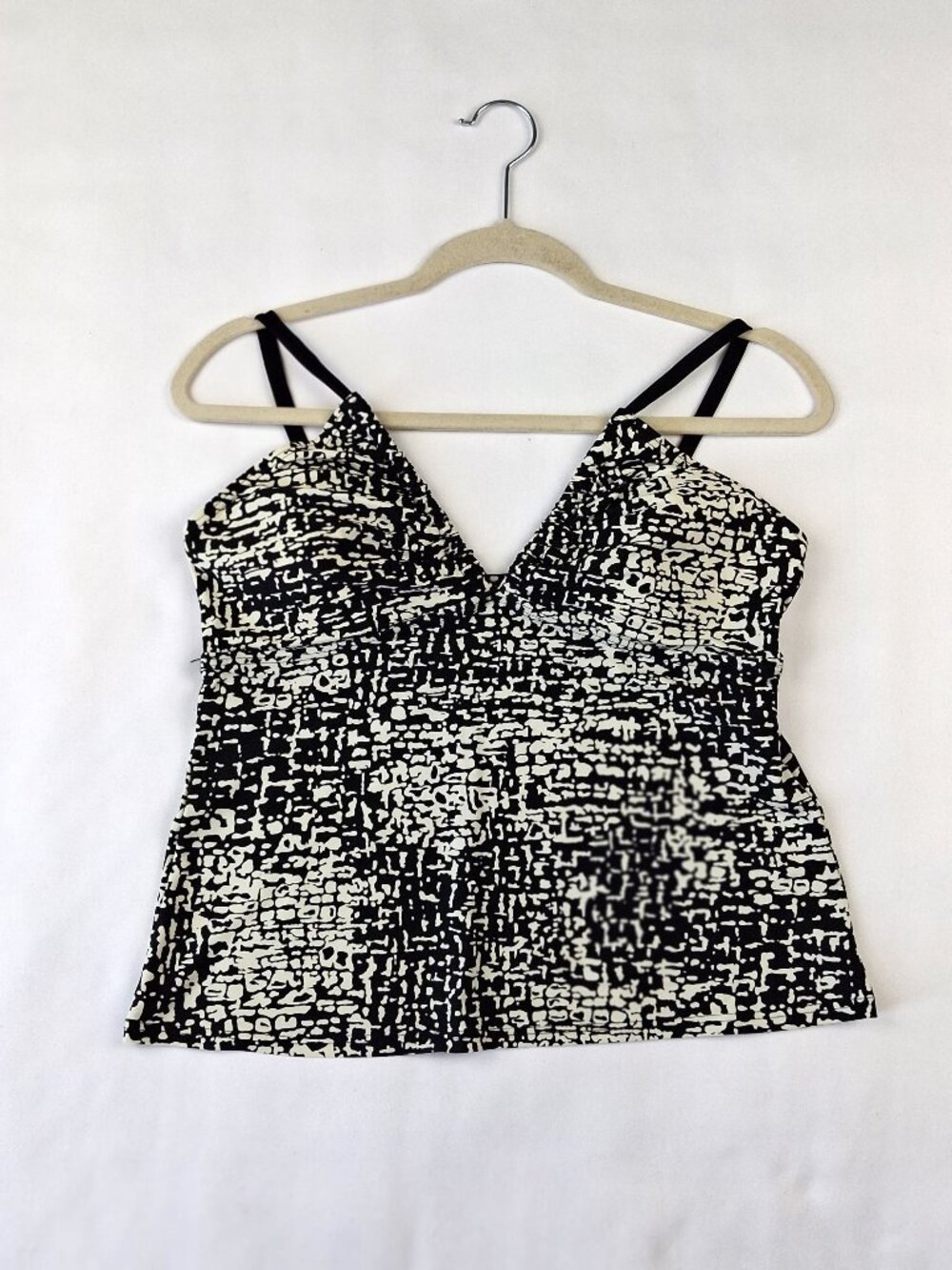 Simon Chang Womens Sz 12 Tankini Top Swimwear Black White Pebble Print Deep V